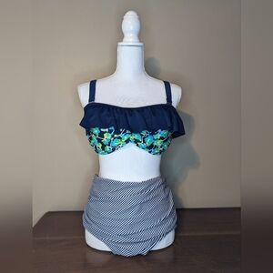 FULL COVERAGE floral ruffle top navy High Waisted BIKINI 2piece swim suit